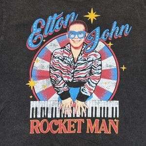 Elton John Rocket Man TShirt Vintage Style Black Graphic Tee Size S Flashback